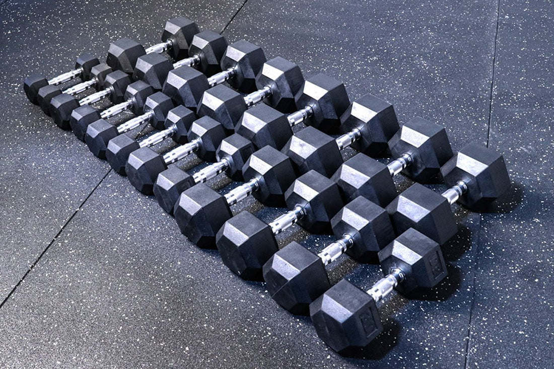 5 - 50 Complete Rubber Hex Dumbbell Set - FrayFitness5 - 50 Complete Rubber Hex Dumbbell SetFrayFitness