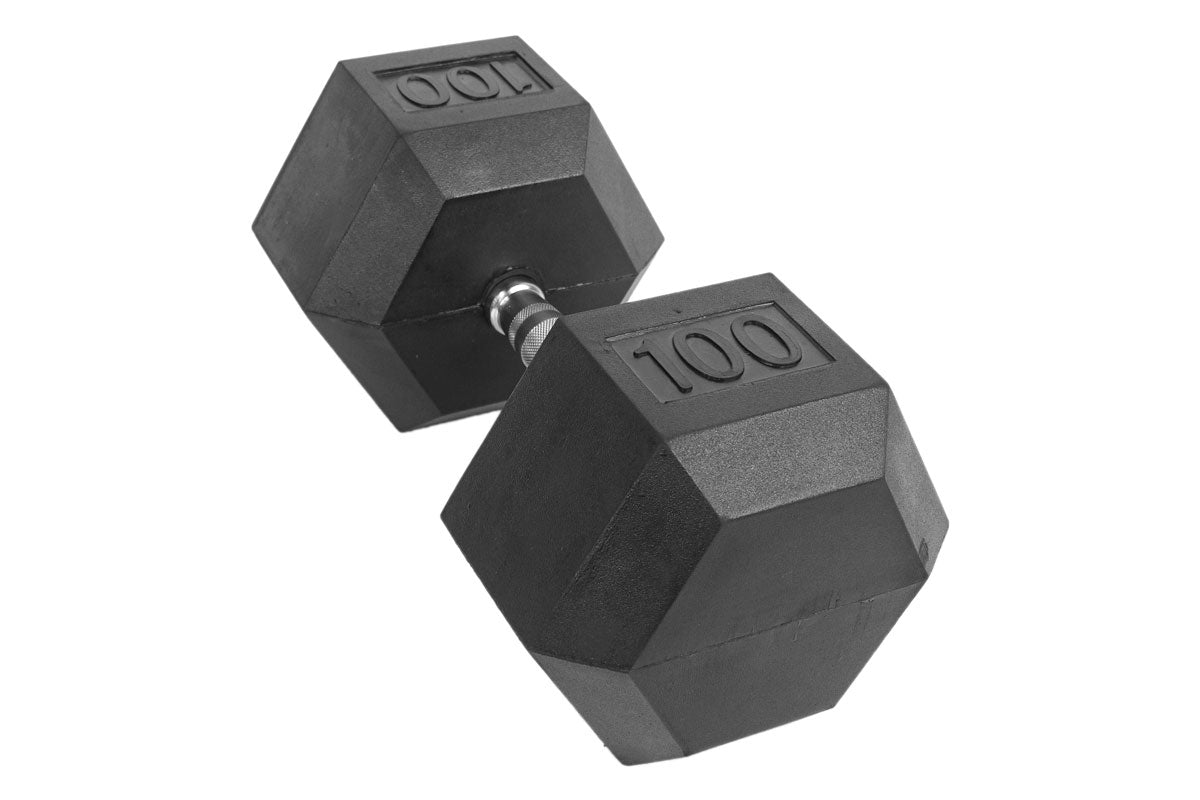 Black Hex Rubber Coated Dumbbells Singles (5-110lbs) - FrayFitness