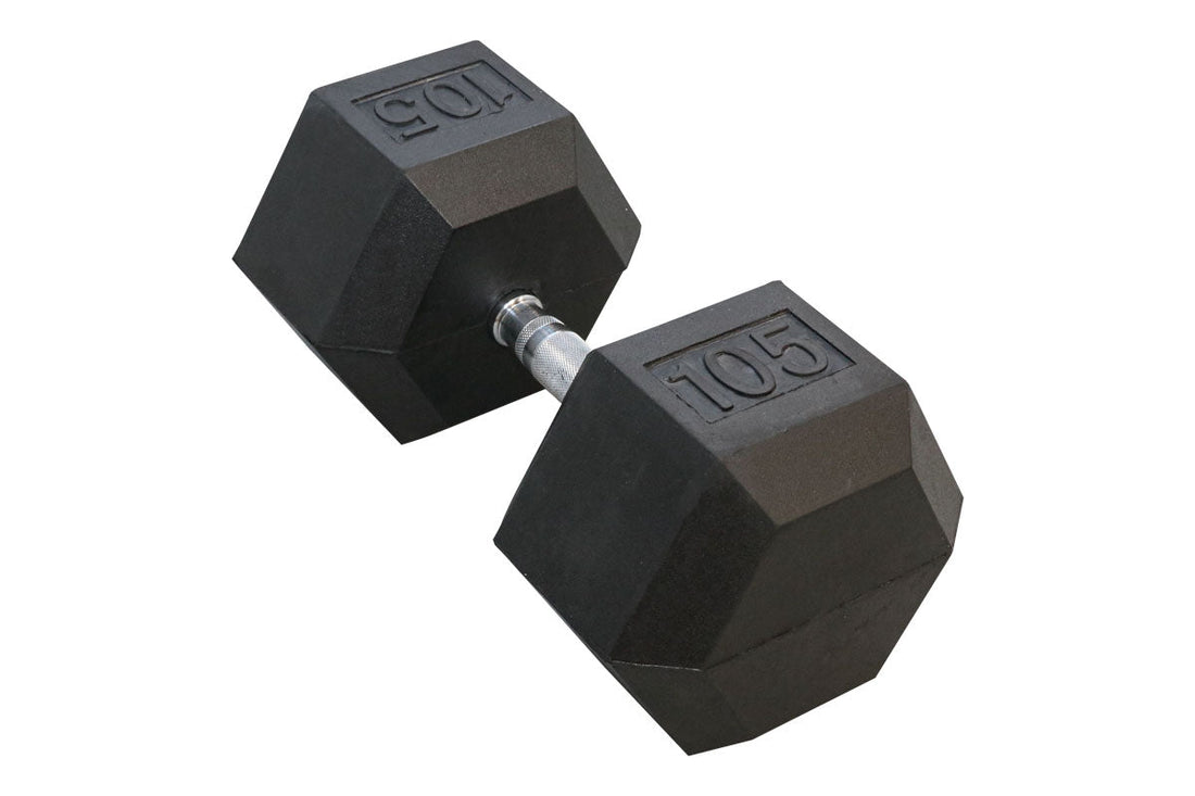 Black Hex Rubber Coated Dumbbells Singles (5-110lbs) - FrayFitness