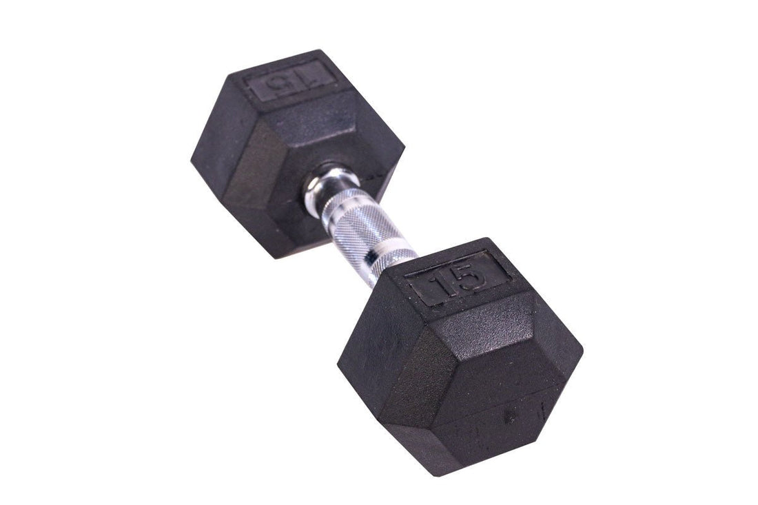 Black Hex Rubber Coated Dumbbells Singles (5-110lbs) - FrayFitness