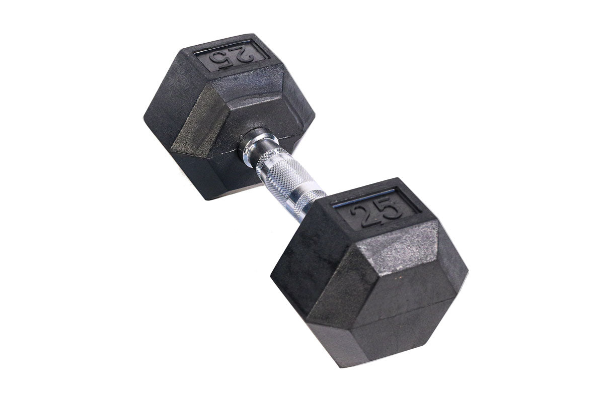 Black Hex Rubber Coated Dumbbells Singles (5-110lbs) - FrayFitness