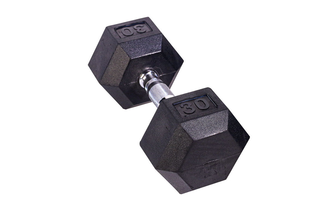 Black Hex Rubber Coated Dumbbells Singles (5-110lbs) - FrayFitness