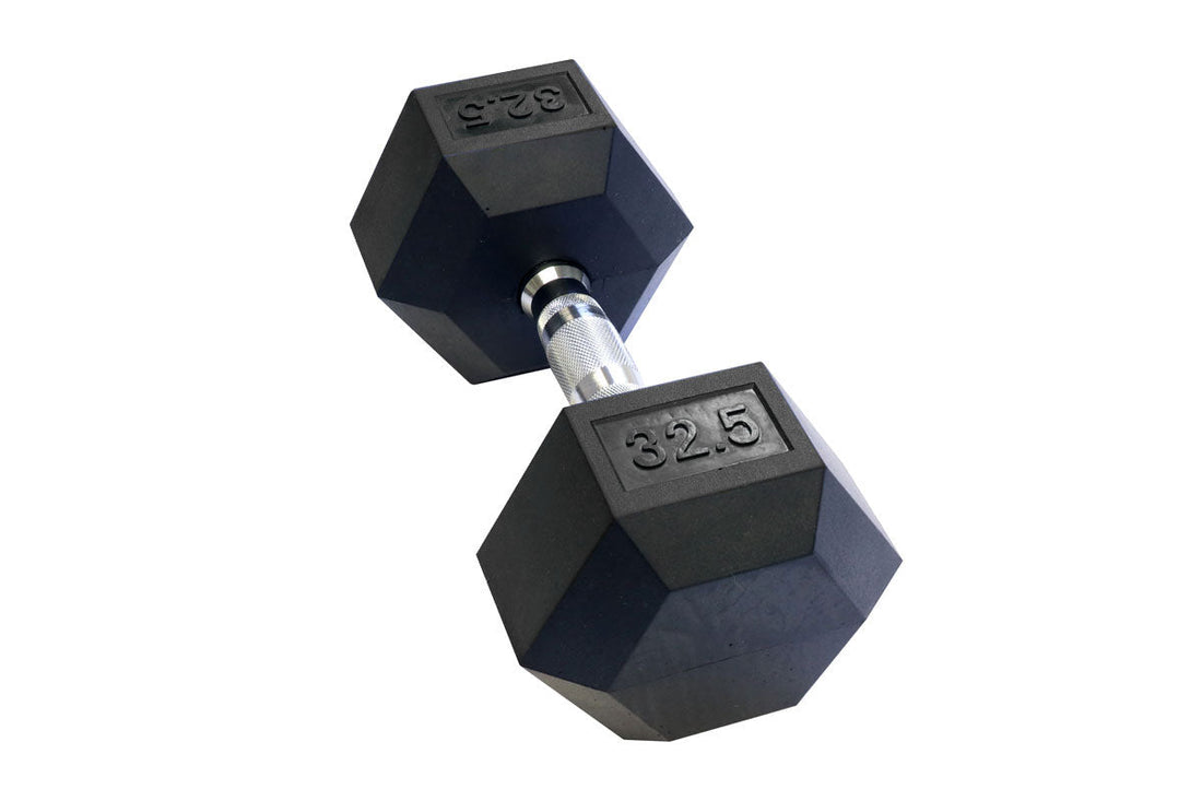 Black Hex Rubber Coated Dumbbells Singles (5-110lbs) - FrayFitness