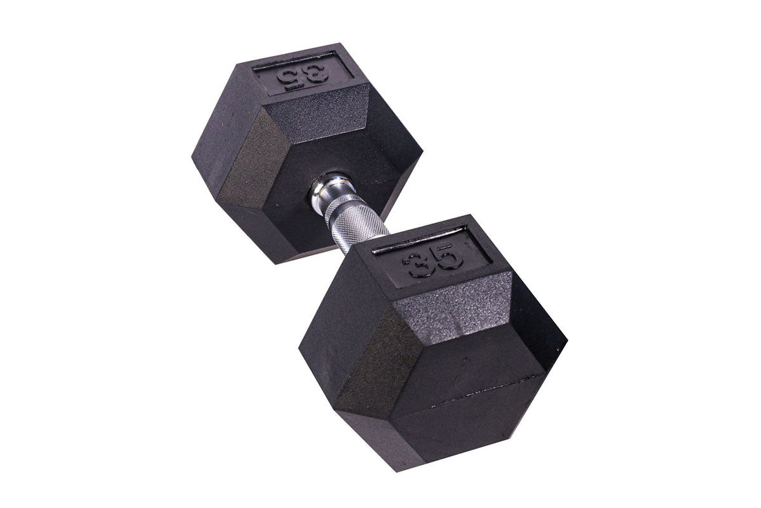 Black Hex Rubber Coated Dumbbells Singles (5 - 110lbs) - FrayFitnessBlack Hex Rubber Coated Dumbbells Singles (5 - 110lbs)FrayFitness