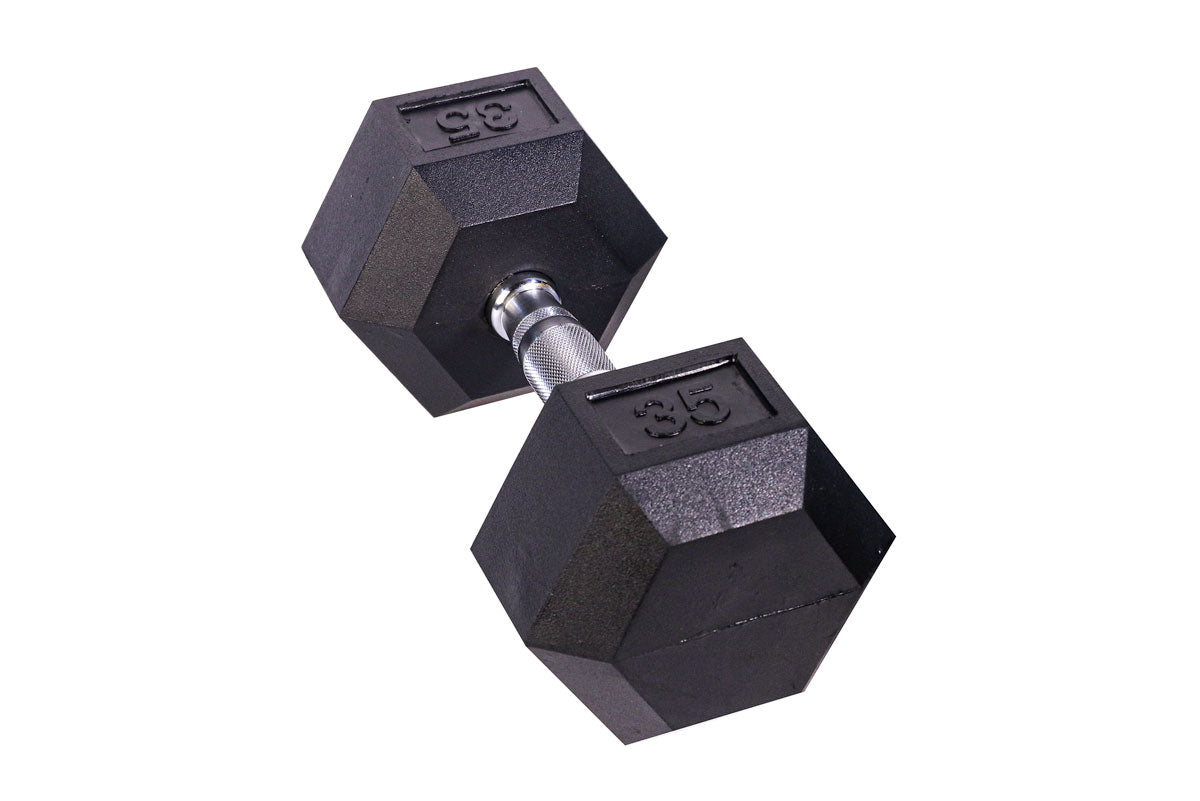 Black Hex Rubber Coated Dumbbells Singles (5-110lbs) - FrayFitness