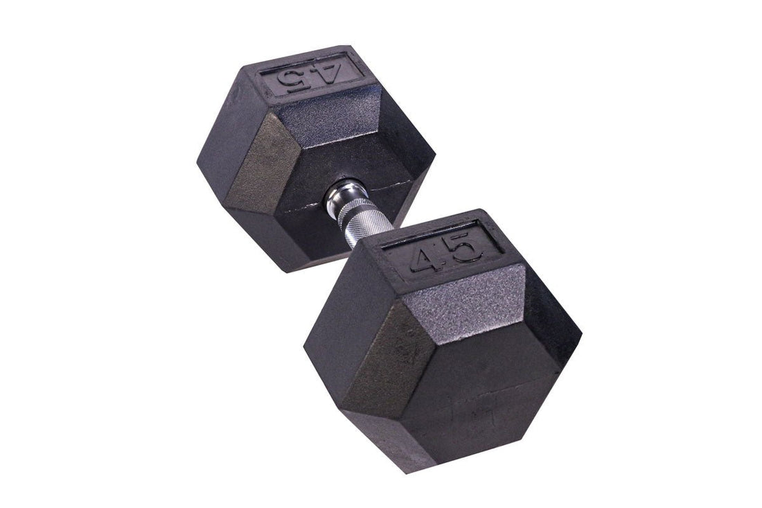 Black Hex Rubber Coated Dumbbells Singles (5 - 110lbs) - FrayFitnessBlack Hex Rubber Coated Dumbbells Singles (5 - 110lbs)FrayFitness