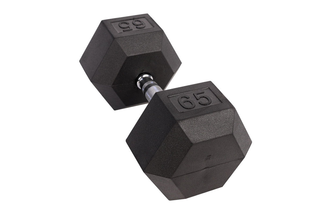 Black Hex Rubber Coated Dumbbells Singles (5 - 110lbs) - FrayFitnessBlack Hex Rubber Coated Dumbbells Singles (5 - 110lbs)FrayFitness