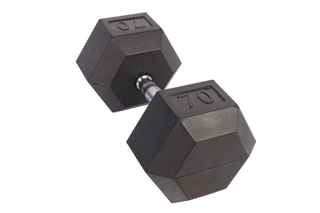 Black Hex Rubber Coated Dumbbells Singles (5 - 110lbs) - FrayFitnessBlack Hex Rubber Coated Dumbbells Singles (5 - 110lbs)FrayFitness