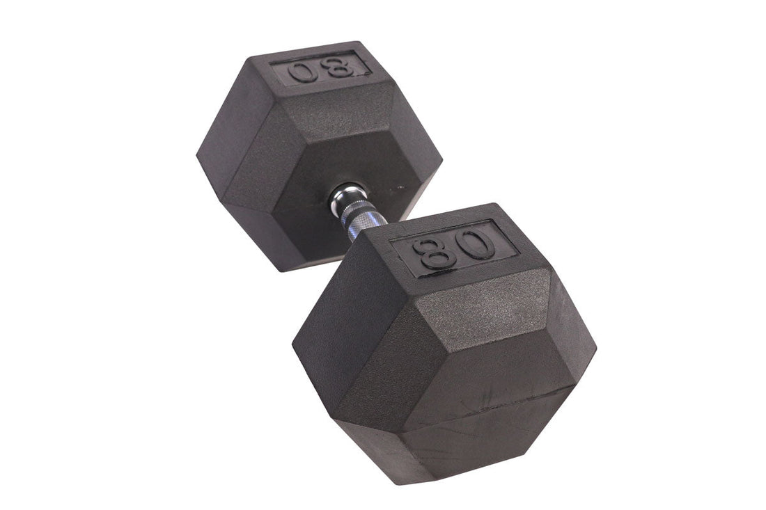 Black Hex Rubber Coated Dumbbells Singles (5-110lbs) - FrayFitness